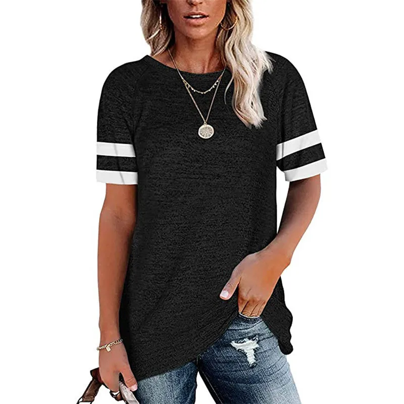 Striped Printed Short Sleeve Women T-Shirts Summer Round-Neck Fashion Pullovers Tee Female Cotton Basic T-Shirt Casual Tops