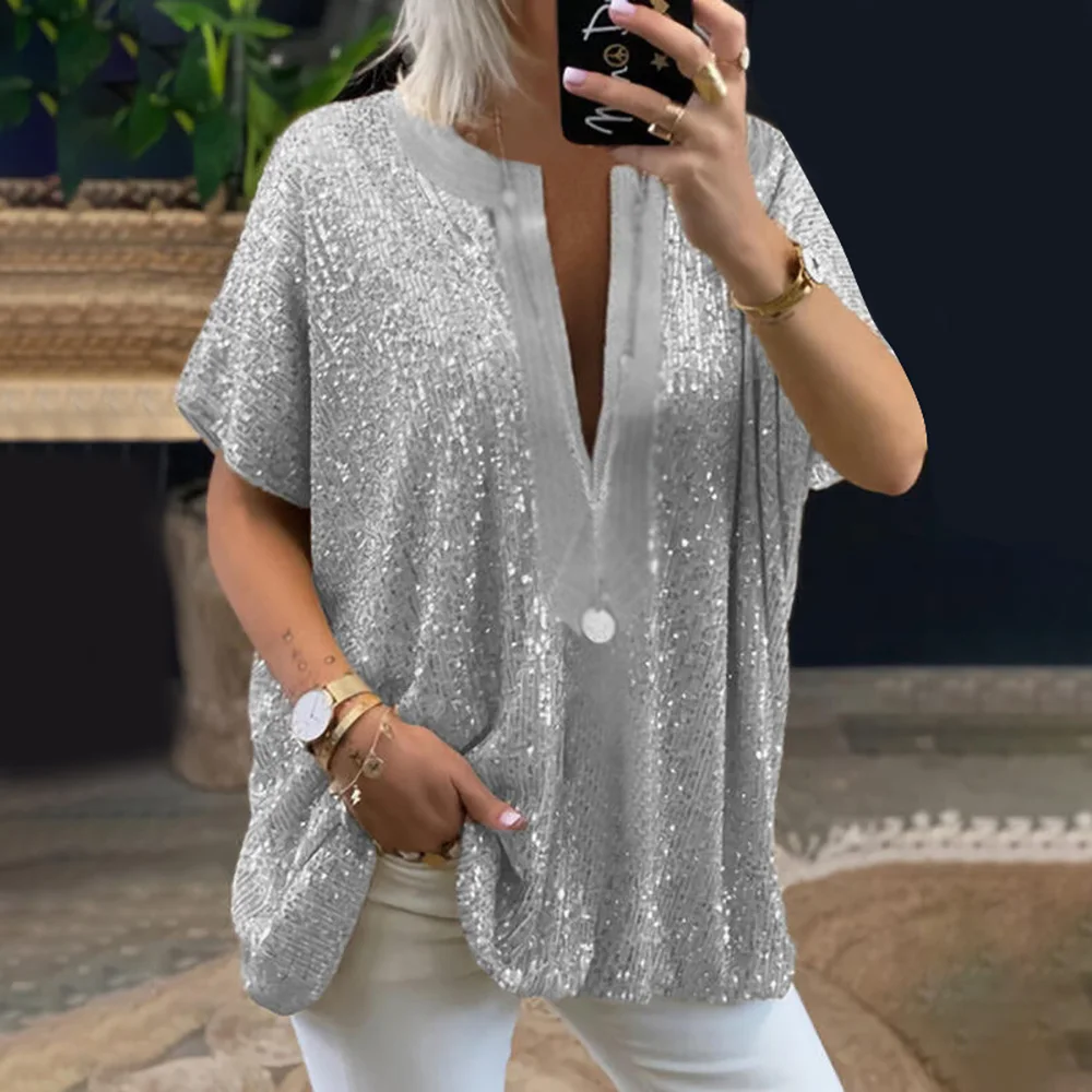 

Футболка женская с блестками, топ с коротким рукавом в стиле пэчворк, блузка с V-образным вырезом, повседневный Свободный Топ в стиле Харадзю...