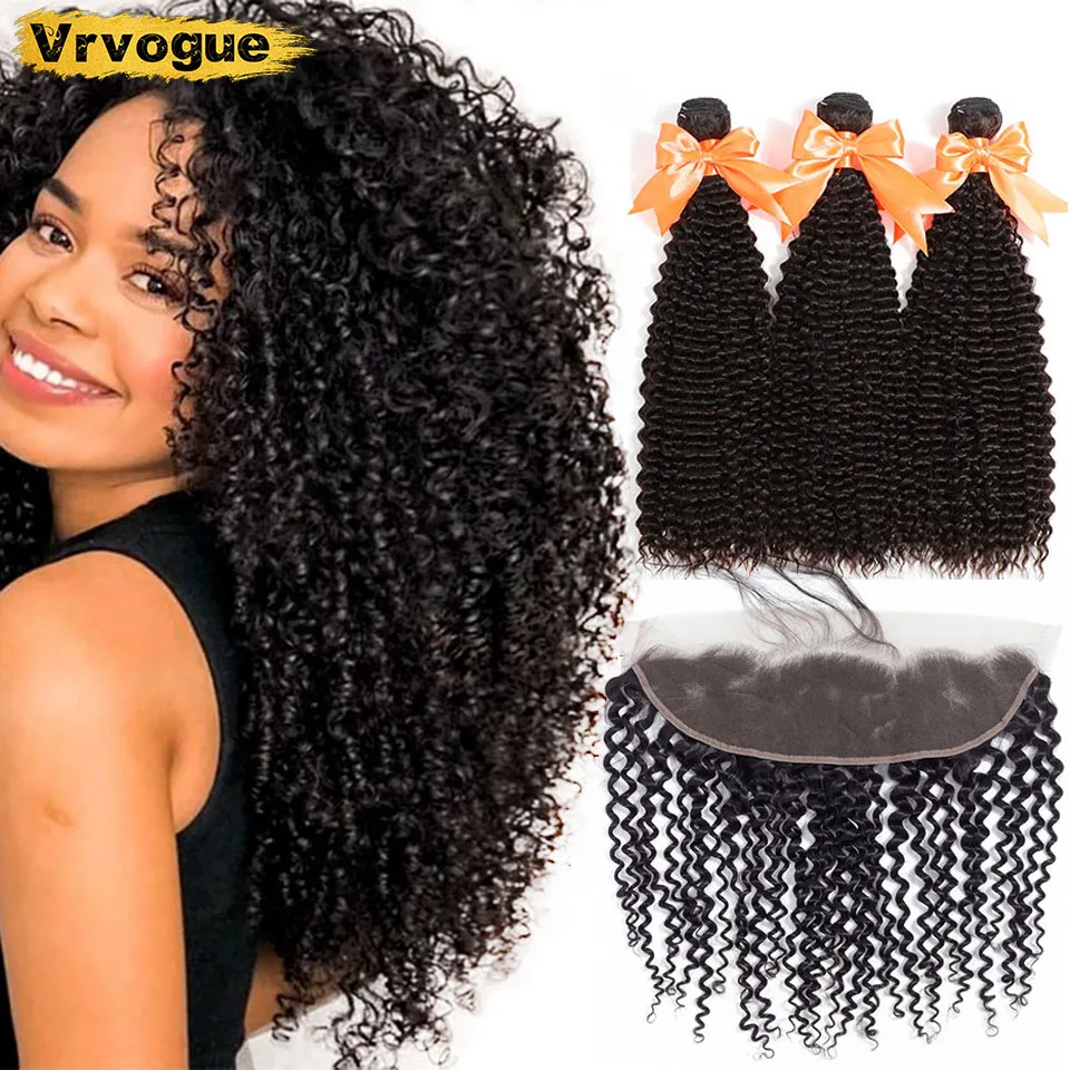 

Brazilian Kinky Curly Bundles With Lace Frontal Closure Free Part 13"x4" Swiss Lace Remy Human Hair Bundles With Closure Vrvogue