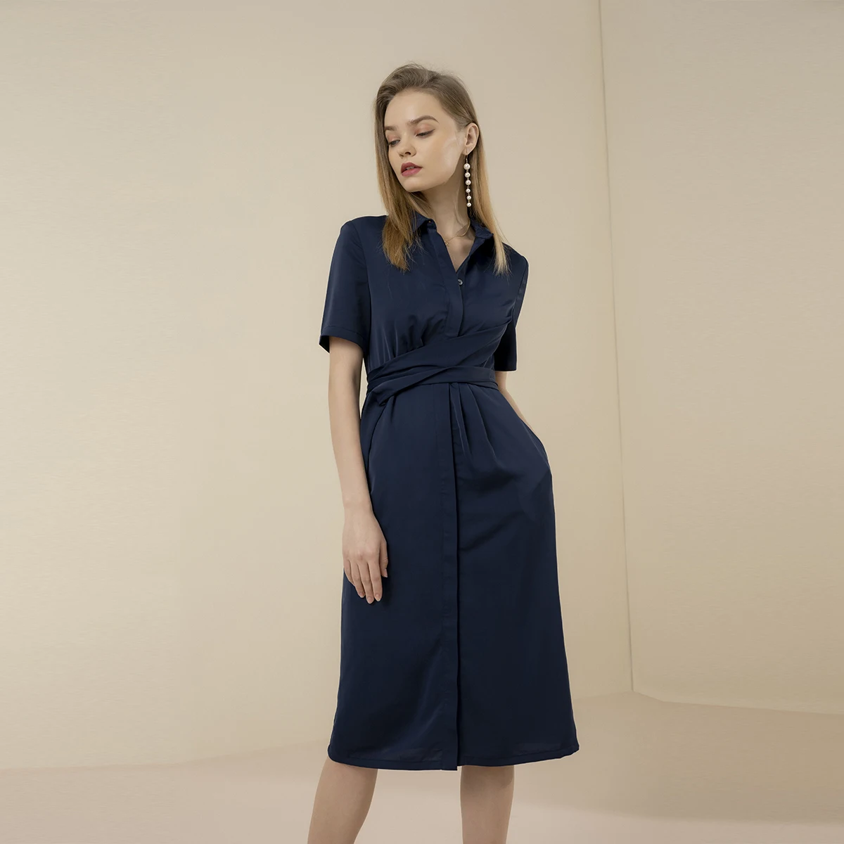 

Summer dark blue office high belt lady dress fashion chic elegant lady dress short sleeve casual female dress 2021