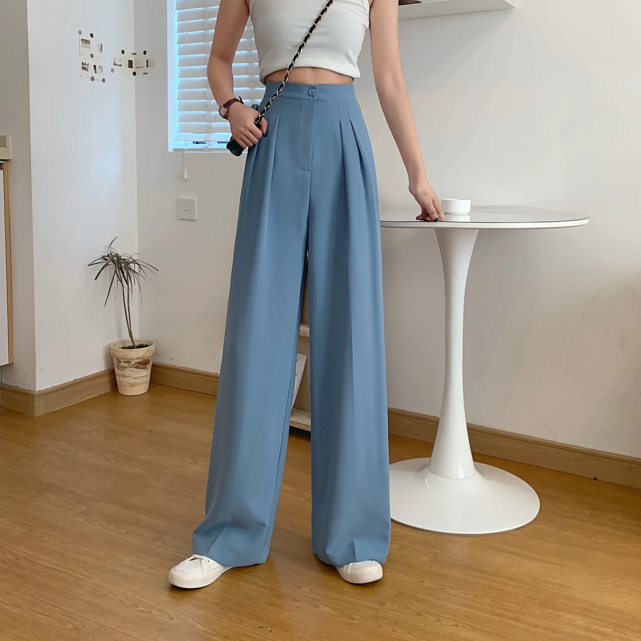 

Ladies Hepburn style high waist wide leg pants women new spring and autumn work wear suit pants solid color