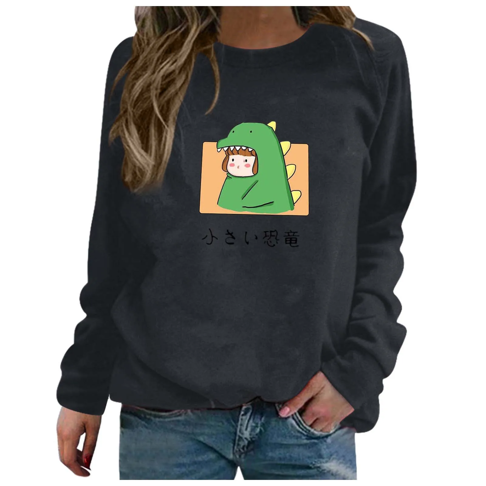 

2021 NEW Fashion Womens Sweatshirt Little dinosaur Print Long Sleeve Hoodie Sweatshirt Ladies Slouch Pullover Jumper 5 Colors