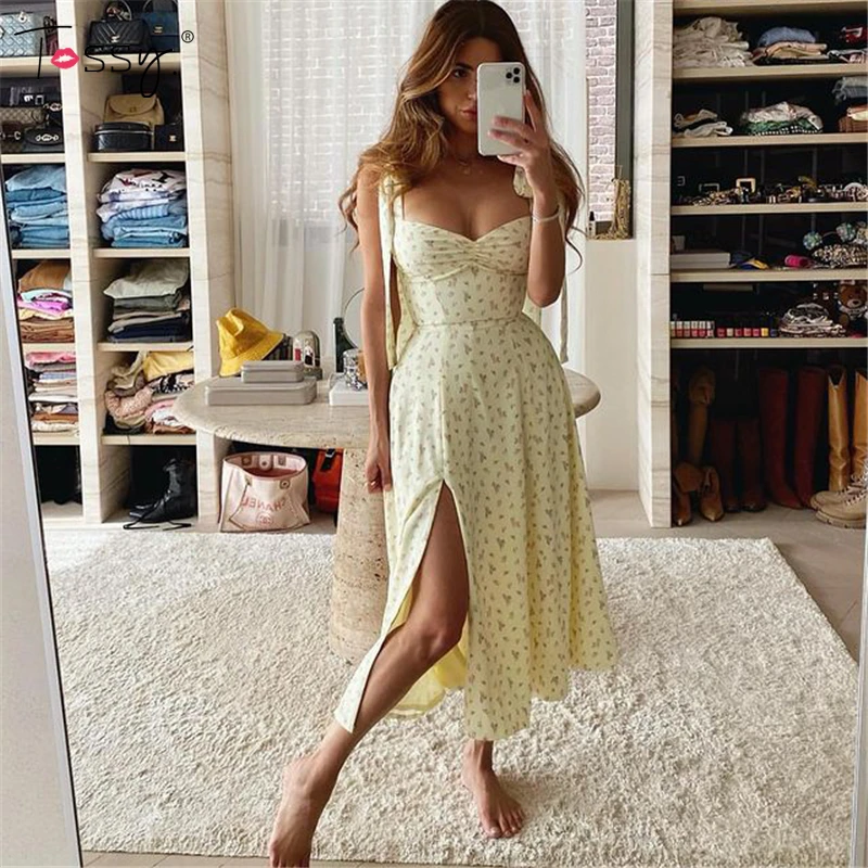 

Tossy Women Summer Maxi Dress 2021 Boho Straghtti Strap Floral Print Dress Holiday Party Backless Elegant Vestidos Beach-Wear