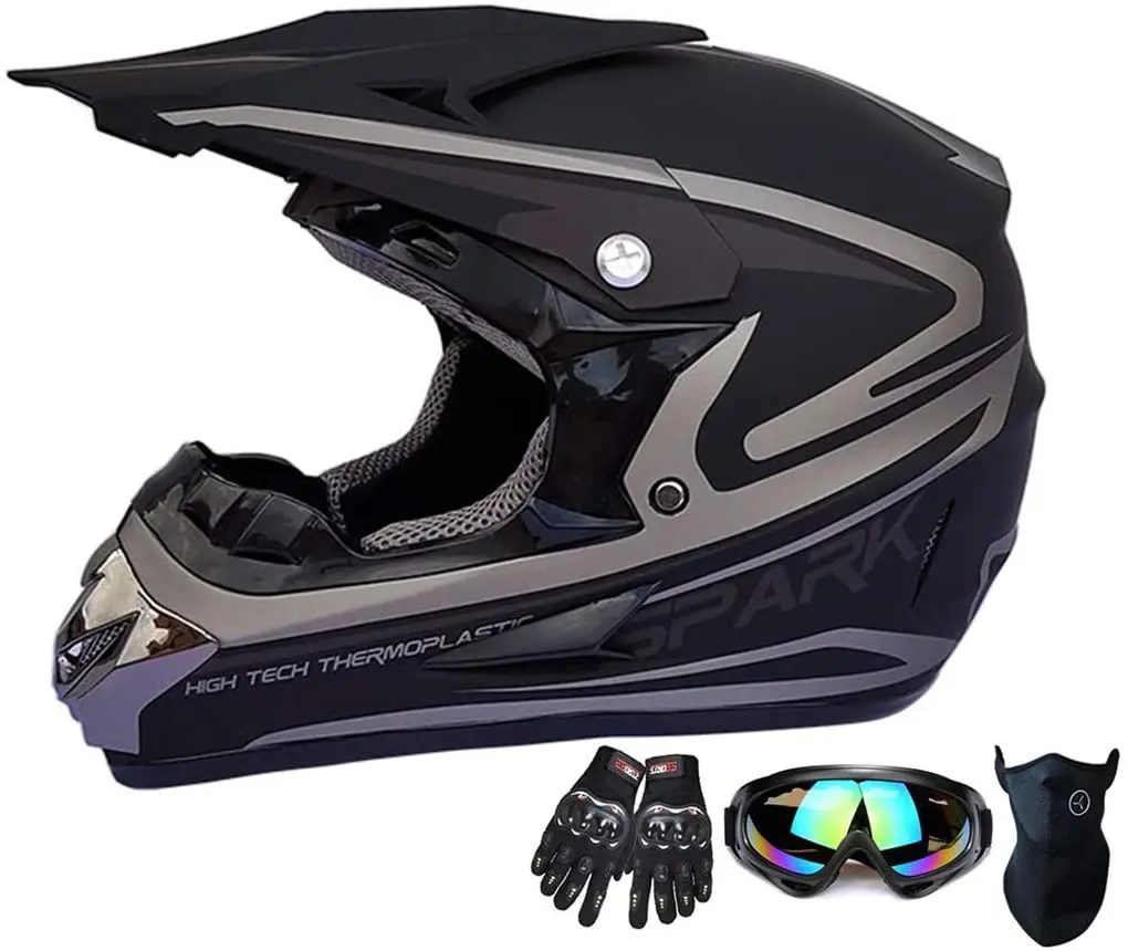 

Motocross Helmet Teen Adult ATV Motorcycle Helmet SUV Mask Goggles Gloves4-Piece Set Unisex,Matt Black Silver,XL