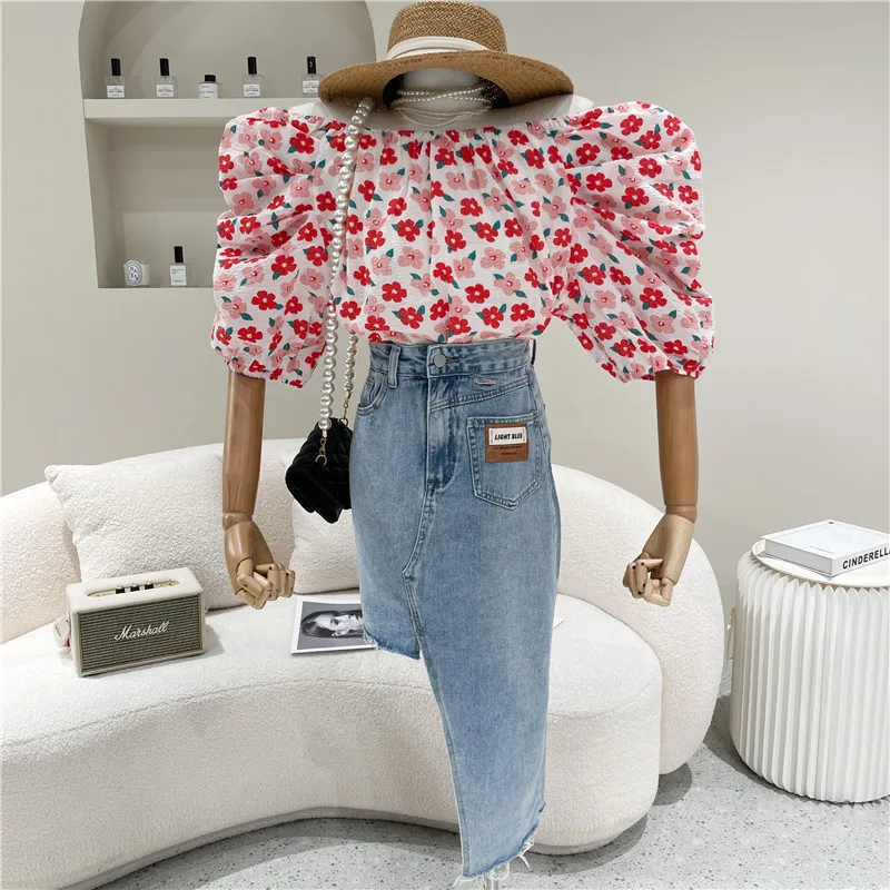 

Women's Clothing Summer 2021 Fashion New Retro irregular design A-line short skirt High waist denim skirt