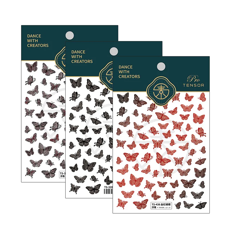 Наклейки для ногтей с гравировкой 5D черные белые кружевные бабочки