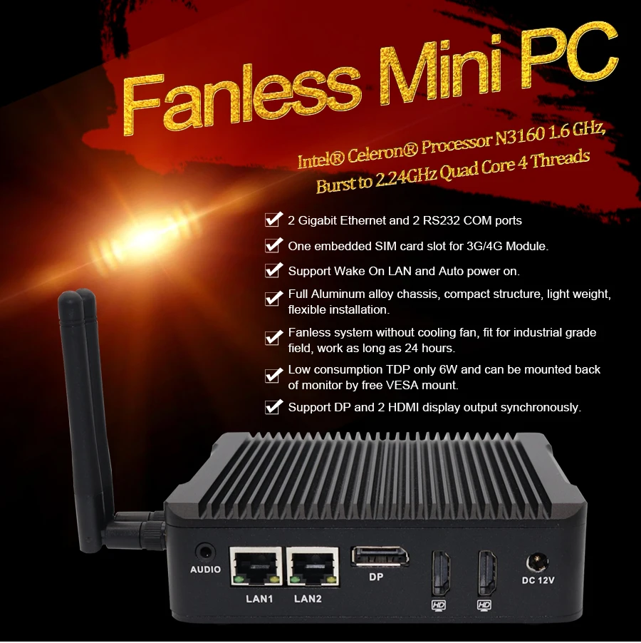 Dual COM desktop pc fanless Intel Celeron N3160 1.6 GHz mini computer DDR3L DP HD 2Lan SIM card computador