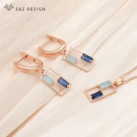 sz design new unique double color square cubic zirconia dangle earrings jewelry sets for women 585 rose gold pendant necklace
