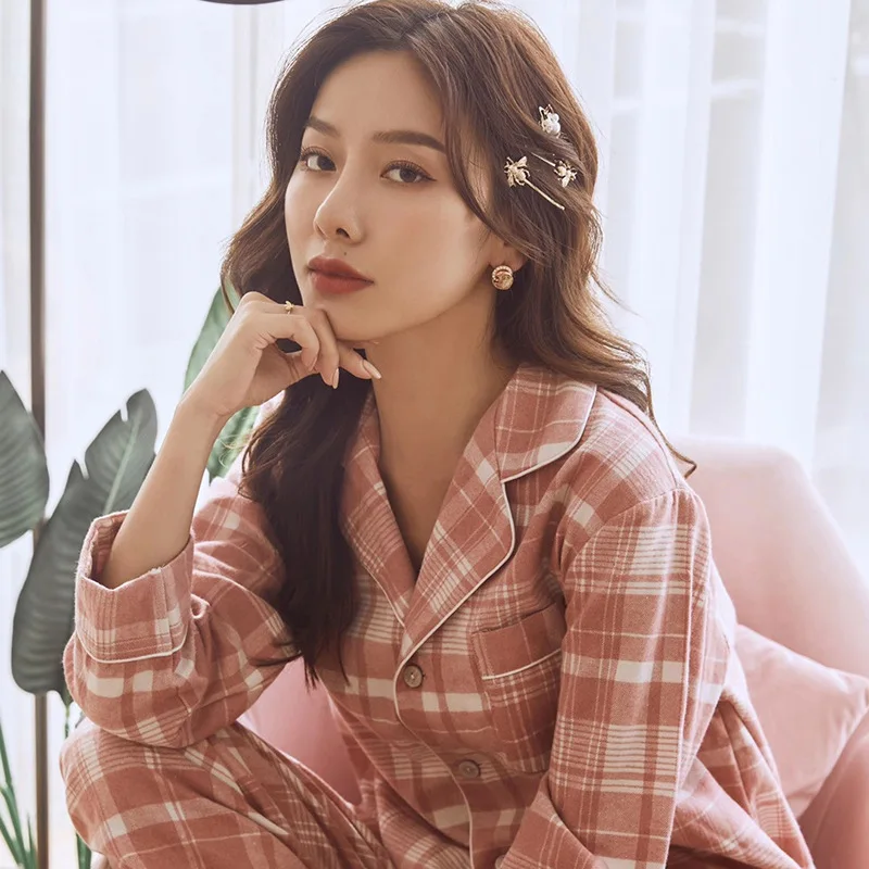 

Women's Cotton Long Sleeve Sleepwear Plaid Print Men Pajamas Set Autumn Winter Couple Home Clothes Turn-down Collar Pyjamas Suit