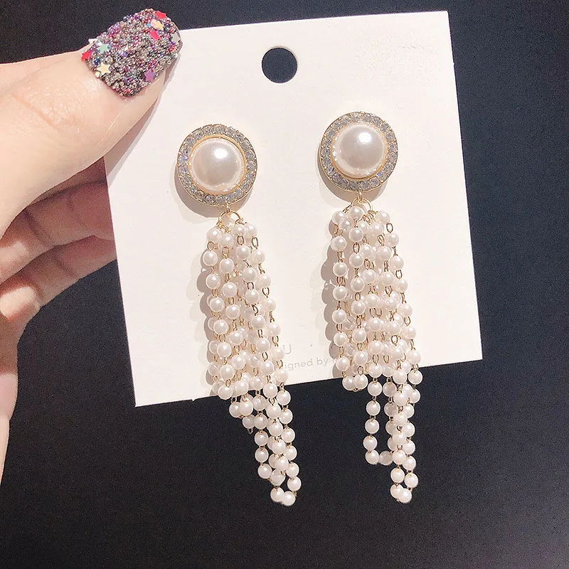 

Korean Long Multi-layer Pearl Tassel Dangle Earrings For Women Jewelry Rhinestone Temperament Earrings Brincos Bijoux Part Gift