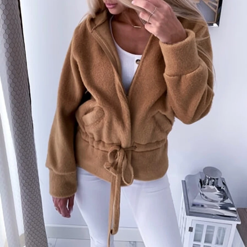 Женская одежда осенняя зимняя коричневая верхняя на молнии с карманами и