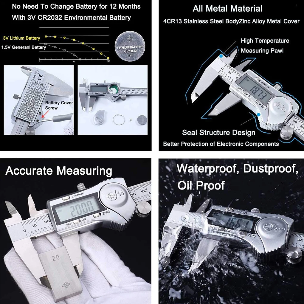 

LCD Vernier Caliper 0-150mm Gauge Industrial IP54 Waterproof Micrometer mm/inch Resettable Thickness Measurement