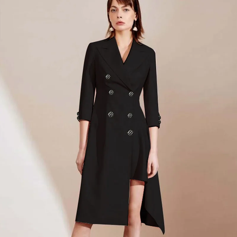 

2020 Fall New Style Sexy V-Neck Long Sleeves Double Breasted Temperament Slim-Fitting Black Jacket Dress Women High Quality