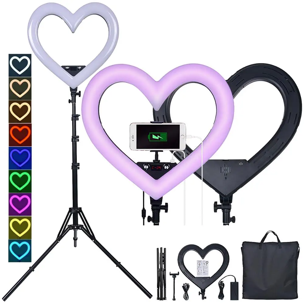 저렴한 Fusitu 19in RGB 심장 모양 반지 빛 Led 사진 조명 램프와 USB 전화 클립 삼각대 전화 카메라 스튜디오 유튜브