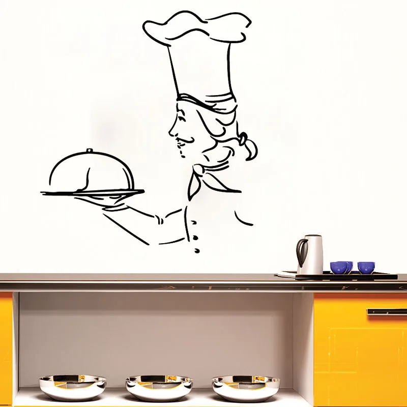 Server Man With A Tray Cook Chef Wall Sticker Kitchen Cafe Interior Wall Decals Home Decor Living Room Removable Decoration