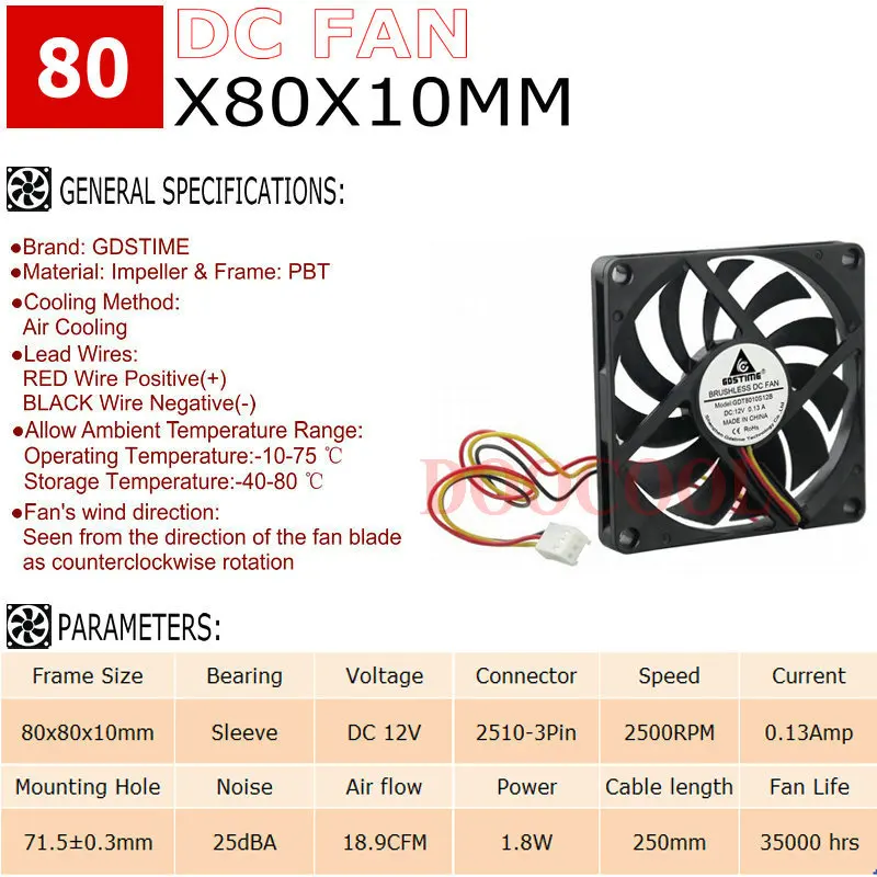 2 шт. Gdstime 3Pin 8 см 80x10 мм 80 мм x 80 мм x 10 мм DC 12 В Бесщеточный Охлаждающий кулер вентилятор процессора