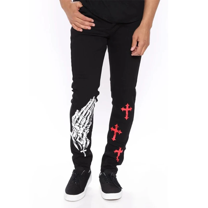 Men Black Washed Jeans 2021 New Fashion Personality Biker Slim Denim Pants Retro Trousers Skull Printed Design Street Jeans