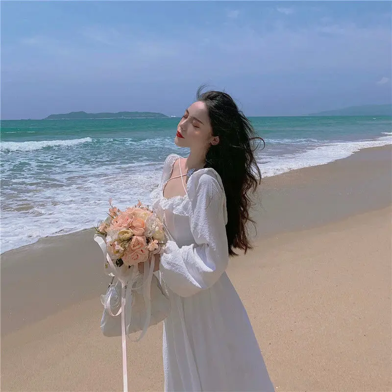 

White Spring Autumn Dress Ladies Sweet Cotton Dress with Bow and Puff Sleeves Vestido De Mujer Ropa Mujer Elegant Fashion Dress