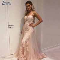 layout niceb light pink mermaid long evening dresses spaghetti straps lace tulle prom gown sweep train vestido de fiesta