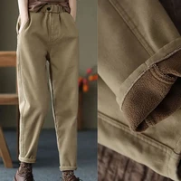 lucyever vintage denim pants women autumn winter warm plush harem pants female khaki black thicken elastic waist casual trousers