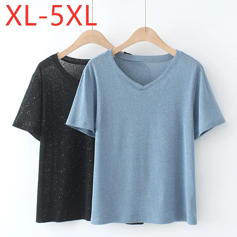 

Новинка 2021 Летняя женская обувь размера плюс Топы для женщин с коротким рукавом Тонкий блестками; Голубые, эластичная трикотажная футболка ...