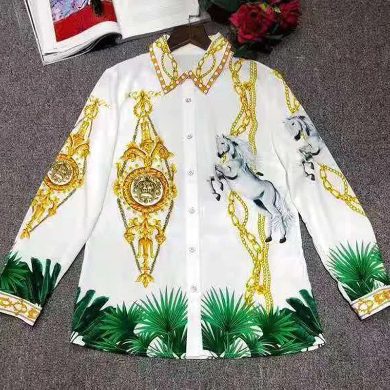 

Fashion white totem printed grass pattern set wide leg pants, generous and elegant, female spring and autumn