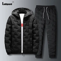 ladiguard plus size mens winter down two pieces set 2022 european style fashion hooded jackets and casual drawstring pants homme