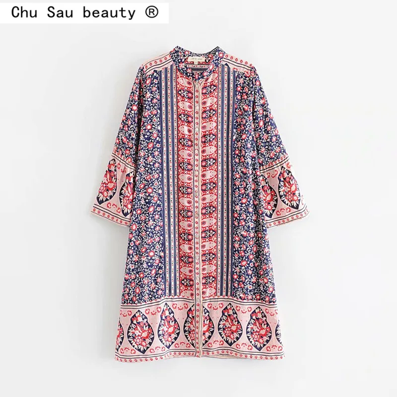 

Женское однобортное пляжное платье, длинное платье с круглым вырезом и длинным рукавом, в стиле бохо, Лето Женское Платье-миди