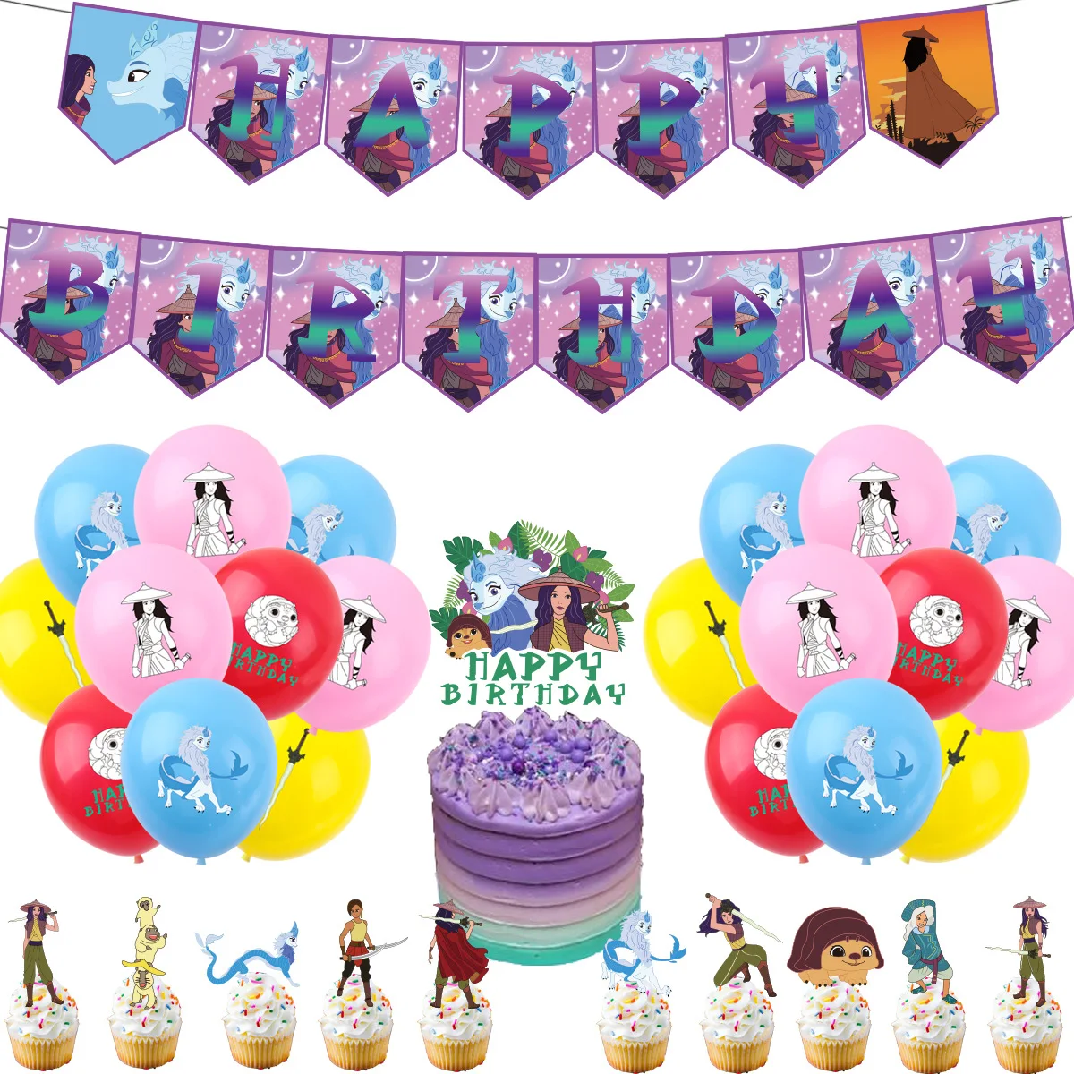 

Disney Raya and The Last Dragon Theme birthday party room Decoration banner Raya animation cake topper balloon flag Baby Shower