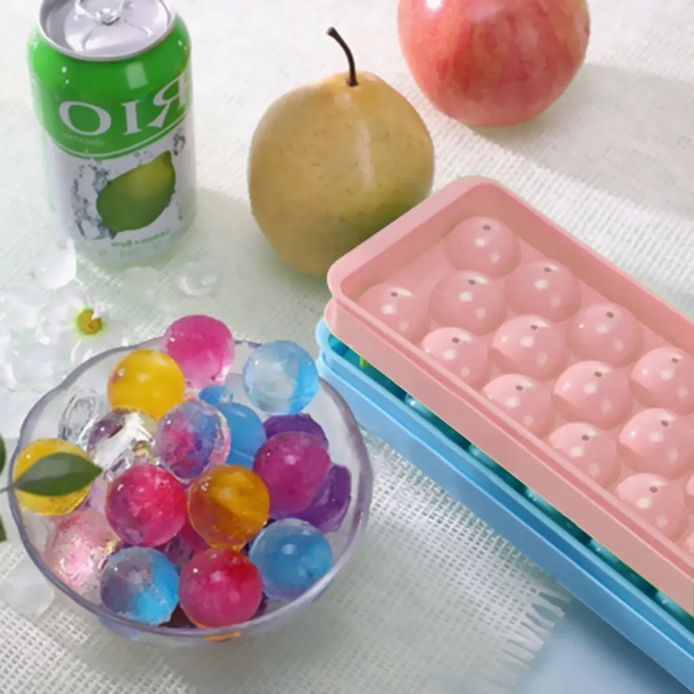 14 Holes Round Balls Ice Mold Plastic Tray Hockey Grid Making Box Molds With Cover Color Random Non-Stick Silicone |