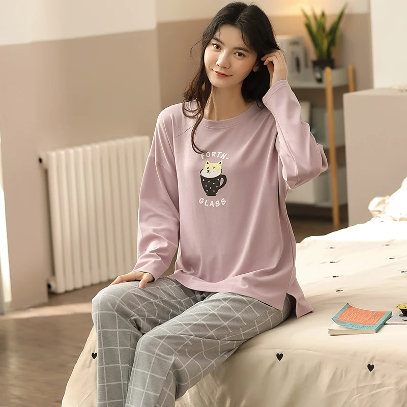 

Newest Autumn 100%Cotton Cartoon Women Pajamas Set Round Neck Casual Plus Size M-5XL Female Pyjamas Long Top+Long Pants