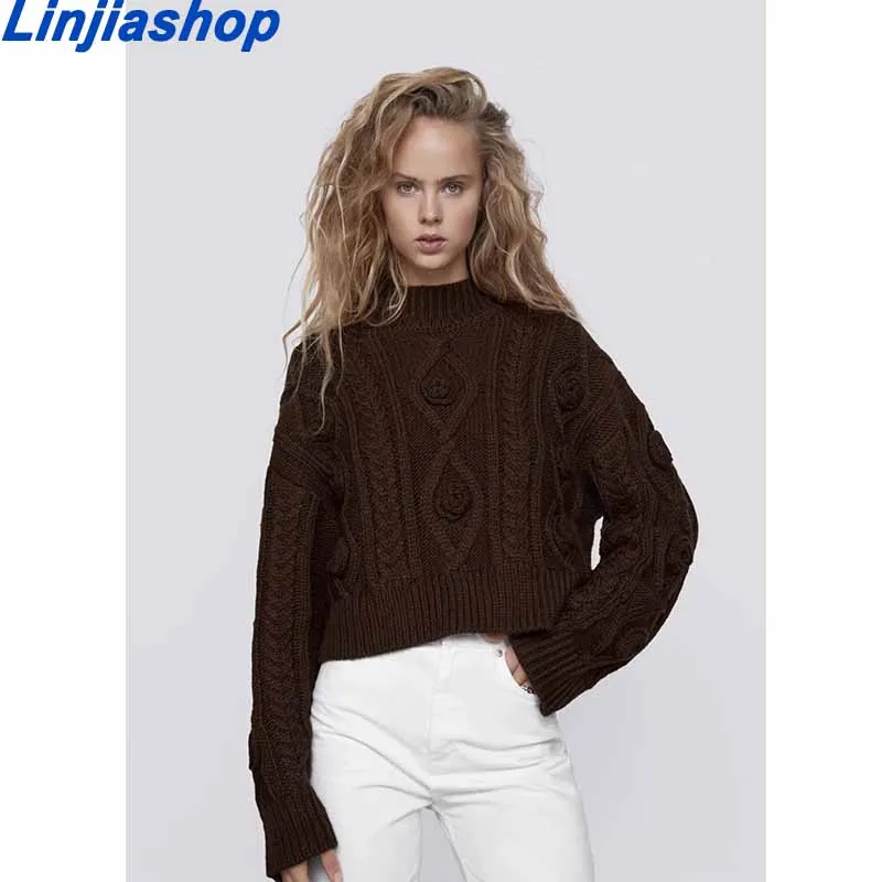 

Women Solid Knitted Twist Sweater Casual Turtleneck Cropped Pullover Tops Ladies Batwing Long Sleeve Loose Jumpers