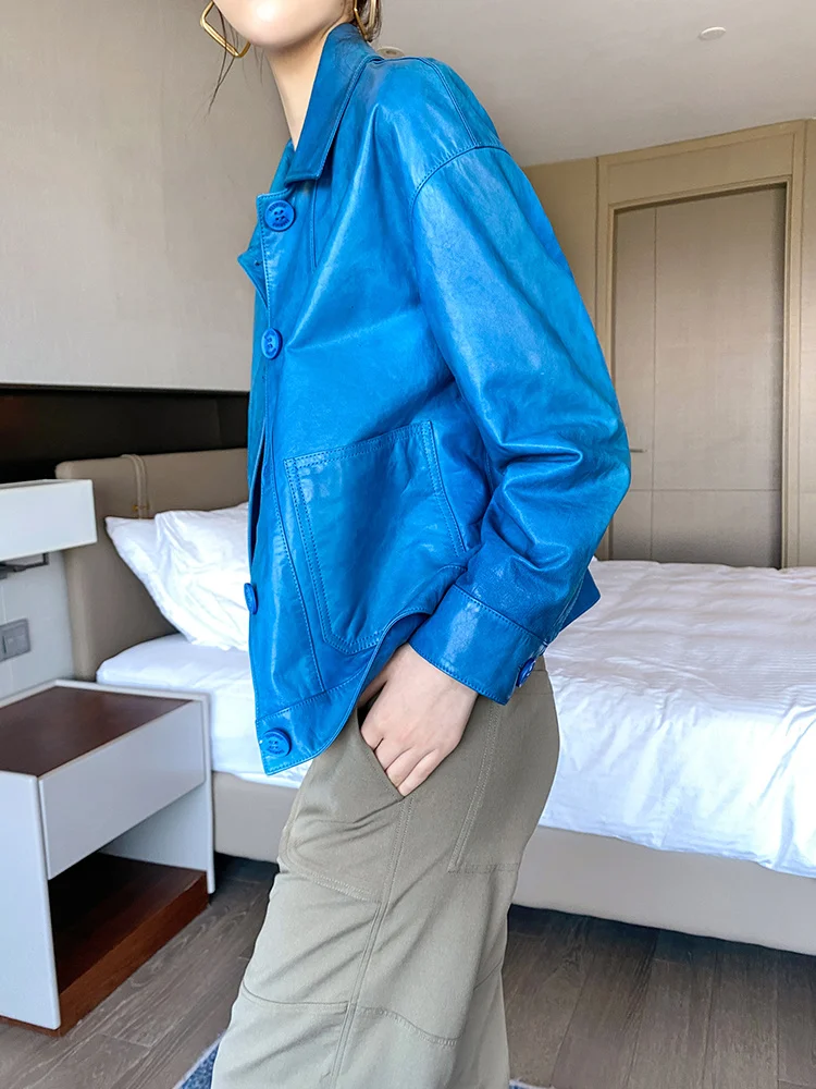 

Дизайнерская светильник кожаная одежда из овечьей кожи, женская повседневная короткая куртка