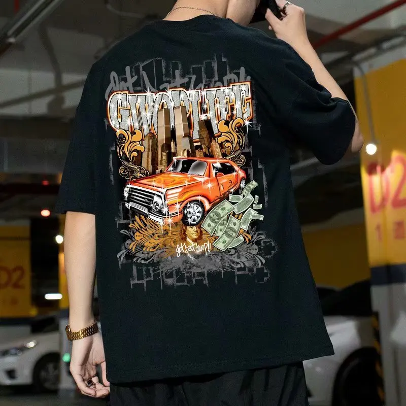 

Summer men's plus size motorcycle print hip-hop Harajuku loose trend cotton short-sleeved T-shirt
