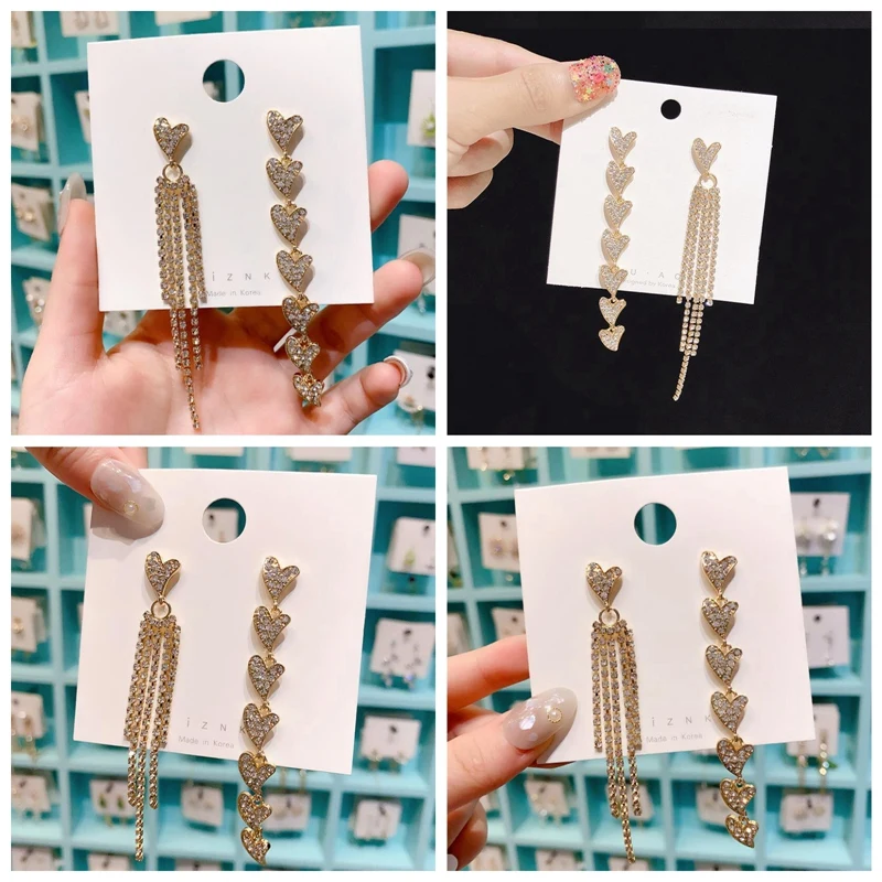 

Korean Girl Heart-shaped Earrings Simple Wild Rhinestone Pearl Chain Earrings Fashion Jewelry Long Earring Valentine's Day Gifts
