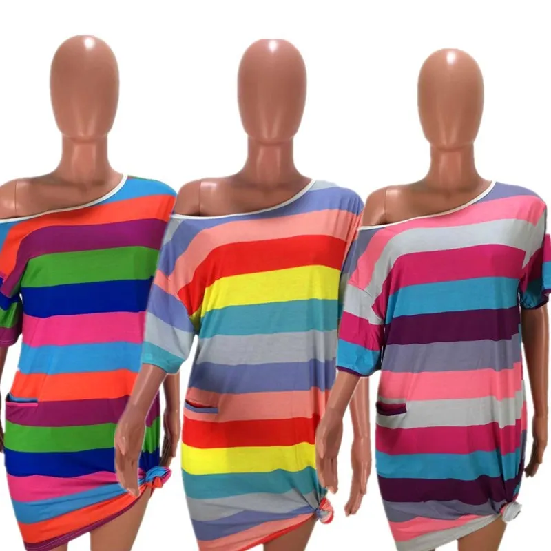 HAOYUAN Радужное Полосатое платье размера плюс, женская одежда Vestidos, повседневное свободное мини-платье с коротким рукавом, платье-рубашка размера d