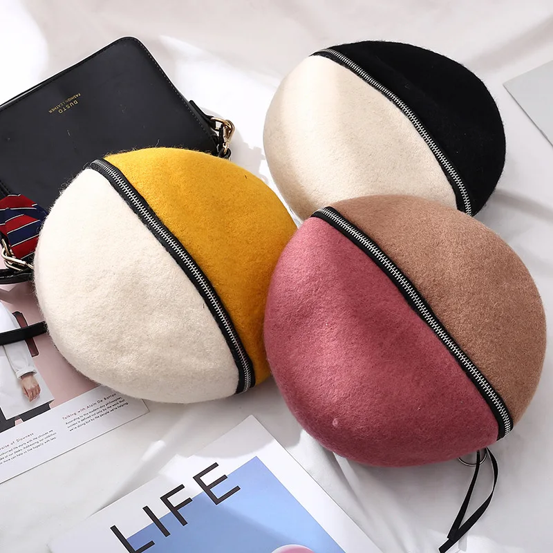 

2021 New Zipper Beret Hat Women's Autumn And Winter Woolen Octagonal Cap Two-color Retro British Painter Hat Beanie Pumpkin Cap