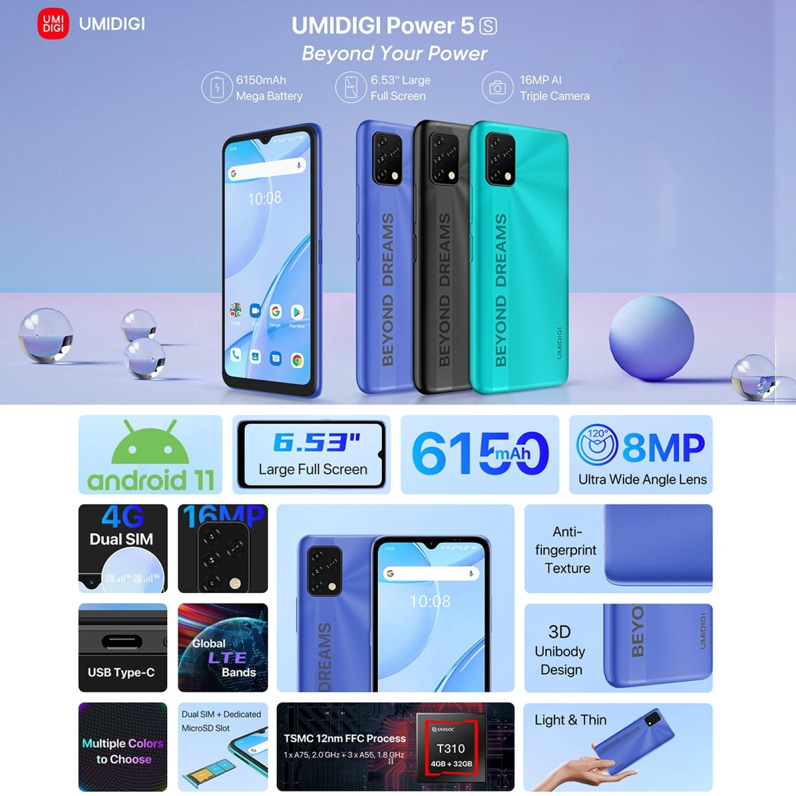 umidigi power 5s global version smartphone 6 53 hd 4gb 32gb ums312 t310 android 11 mobile 16mp triple camera 6150mah cellphone free global shipping