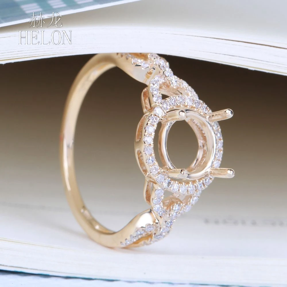 

HELON 7mm Round Cut Solid 14K Yellow Gold 0.3ct Genuine Natural Diamond Semi Mount Ring Setting Women Wedding Fine Jewelry Gift