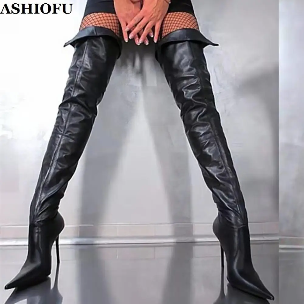 

ASHIOFU Handmade Women Thigh Heel Boots Pointed-toe Stripper Club Party High Heel Boots Winter Long Fashion Evening Boots Shoes