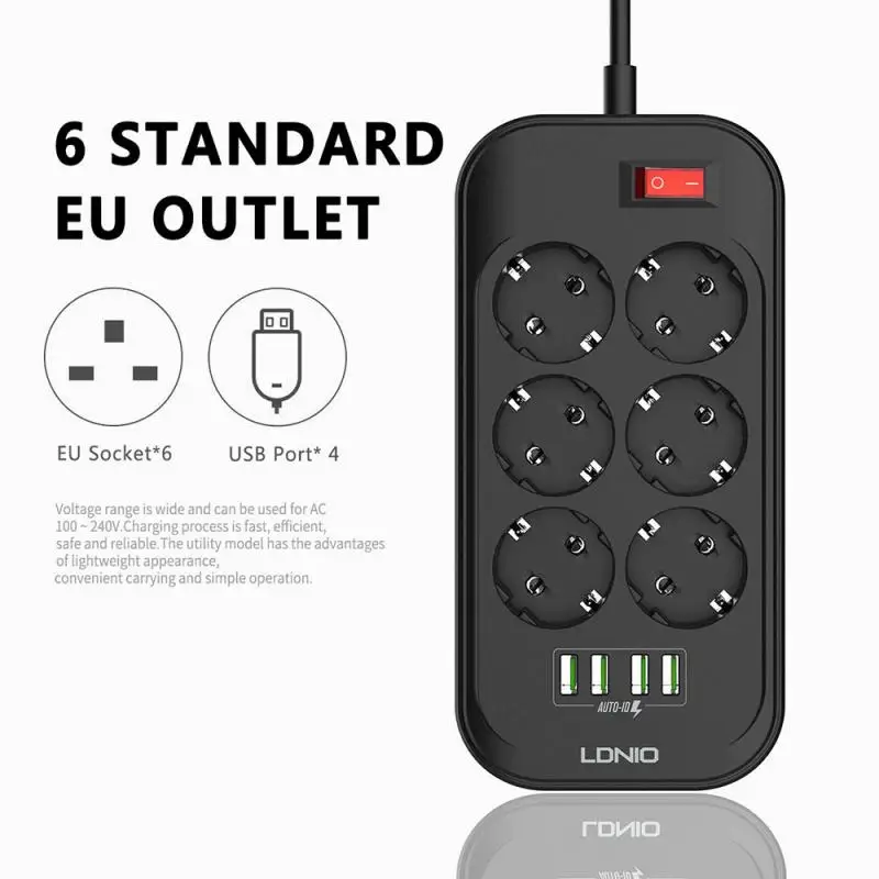 Сетевой удлинитель LDNIO с 4 USB-портами 6 евророзеток защита от скачков напряжения |
