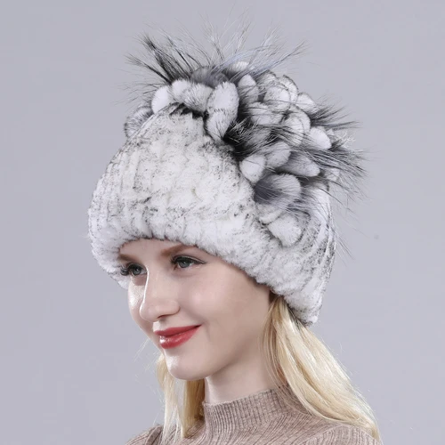 white black 3 Женская шапка из натурального меха кролика Рекс, вязаная шапка из натурального меха кролика рекс для русской зимы, женская шапка из натурального меха кролика и лисы, шапочки Skullies - Цвет: white black 3