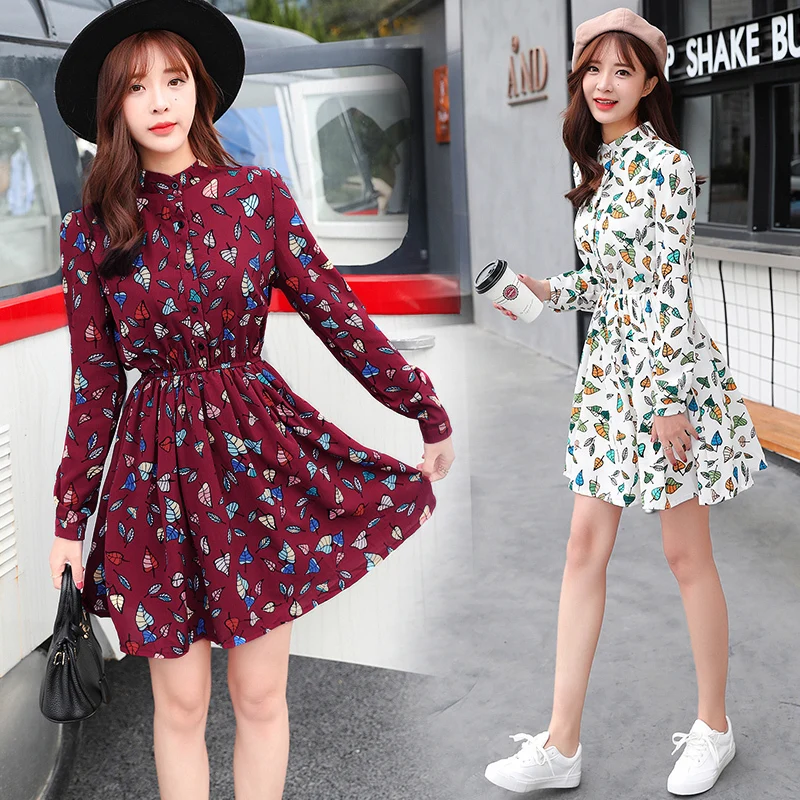 2019 осенняя одежда с принтом тонкая плиссированная юбка Осеннее шифоновое платье