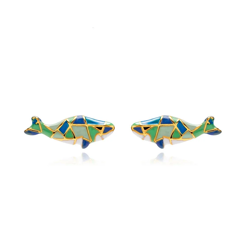 

European and American Hand-painted Enamel Glaze Whale Stud Earrings Personality Contrast Color Animal Cute Non-pierced Ear Clip