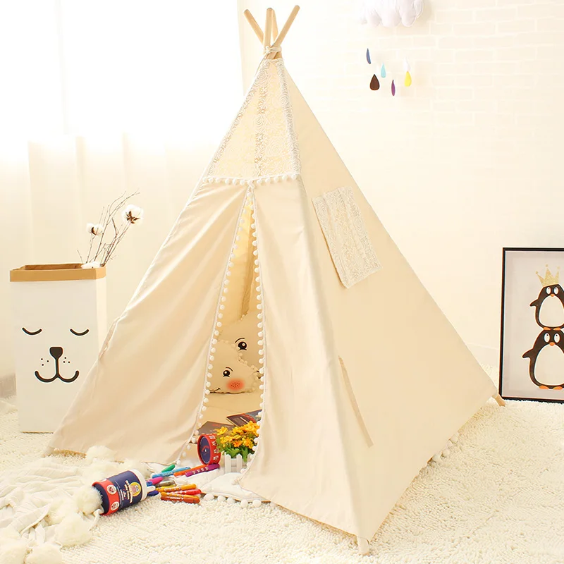 Кружевной тент Tipi для детей, хлопковый вигвам для детей, Игровой Домик принцессы с замком, складная палатка для детей, внутренний уголок для чтения