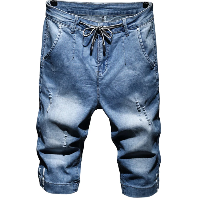 Drawstring waist Stretch blue Washed Denim Shorts Men Summer New Fashion Casual Mid Waist Cargo Jeans | Мужская одежда
