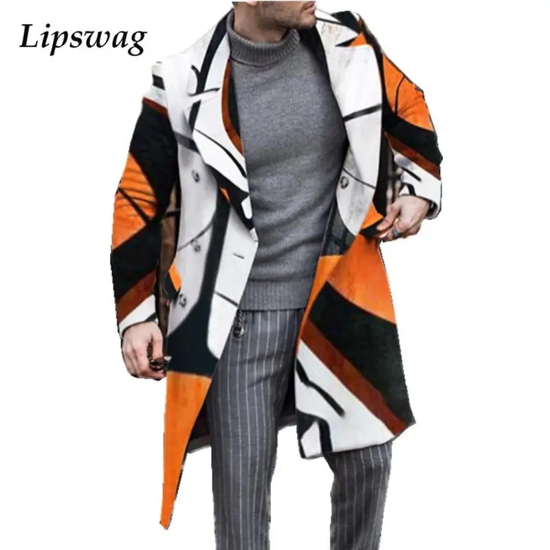 

Модная двубортная шерстяная Верхняя одежда с принтом, Осень-зима, мужское пальто с длинным рукавом, повседневные Длинные куртки с отложным ...