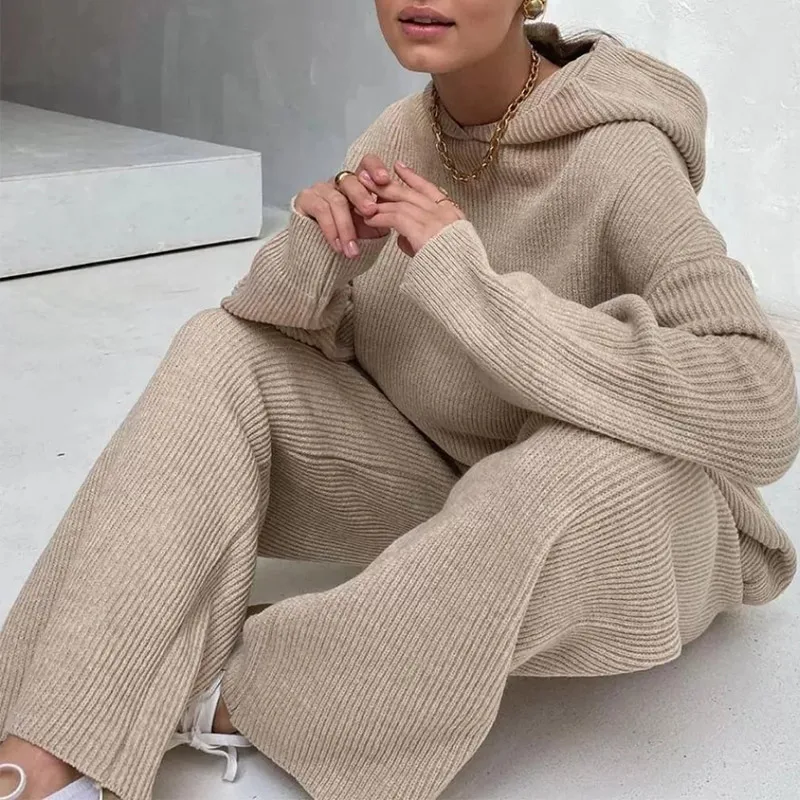 

Autumn Knitted Sweat Suits Women Matching Sets Long Sleeve Hoodie+wide-legged Pants Loungewear Sweater Set Two Piece Outfits