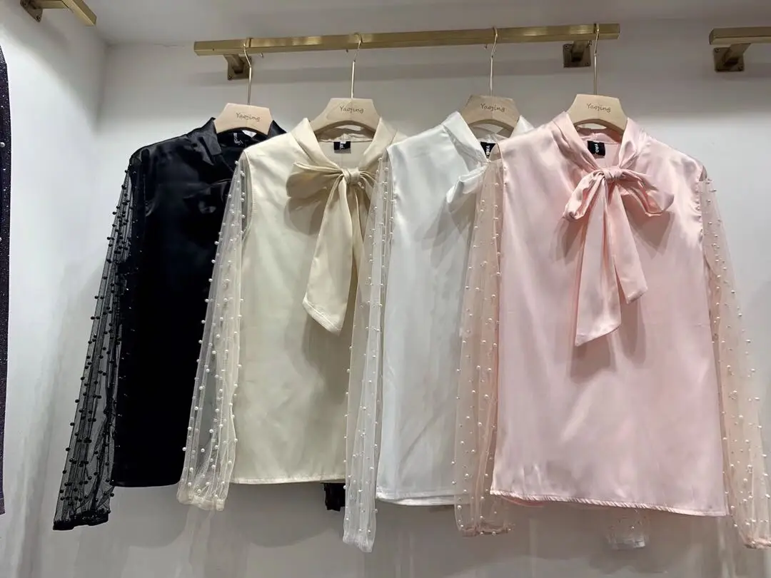 

2020 New Arrival Polyester Acetate Blouse Shein Blusa Women's Shirt New Bow Collar Stitching Sleeves Beaded For Commuter Women