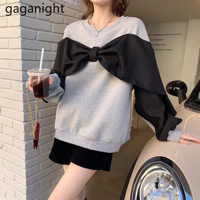

Gaganight Women Pullover 2021 Autumn Winter New Korean Version Sweet Retro Color Contrast Bowknot Plus Velvet Thick Loose Shirt